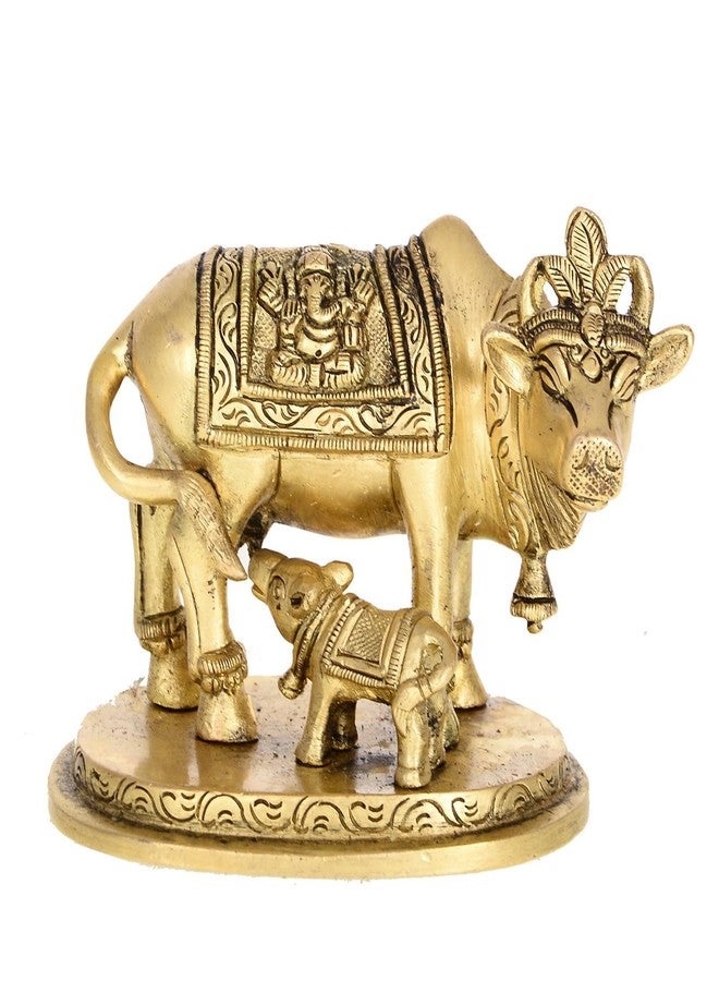 Two Moustaches Brass Holy Kamdhenu Cow and Calf Sculpture, Standard, Pack of 1 - Image 1